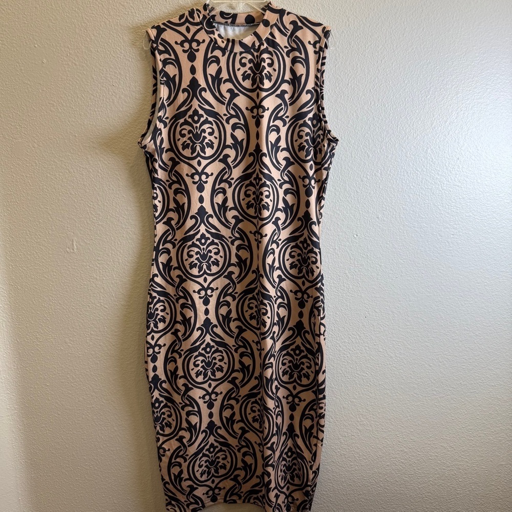 Sleeveless Bodycon Midi Dress Size Large Black Tan Damask Mock Neck Elegant - Picture 2 of 8